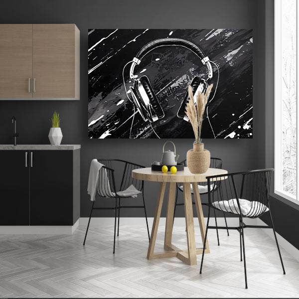 Abstracte koptelefoon met spetterende achtergrond acrylglas