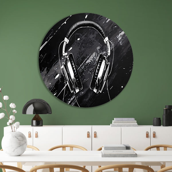 Abstracte koptelefoon met spetterende achtergrond aluminium muurcirkel