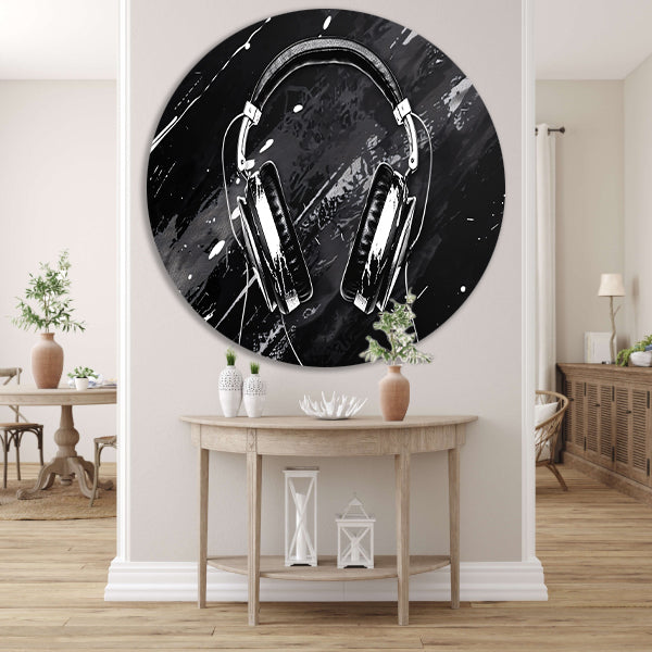 Abstracte koptelefoon met spetterende achtergrond aluminium muurcirkel