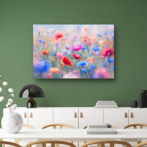 Veld vol met kleurrijke bloemen en natuur canvas