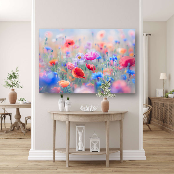 Veld vol met kleurrijke bloemen en natuur canvas
