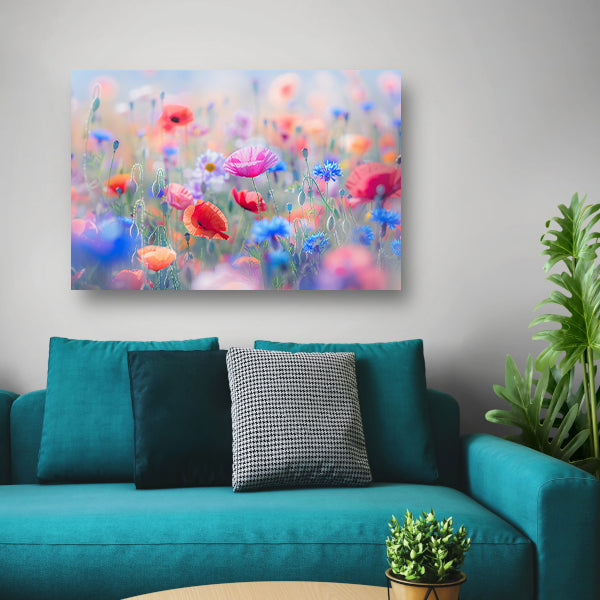 Veld vol met kleurrijke bloemen en natuur canvas
