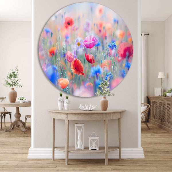 Veld vol met kleurrijke bloemen en natuur aluminium muurcirkel