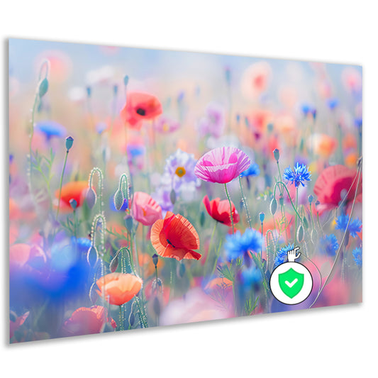 Veld vol met kleurrijke bloemen en natuur poster