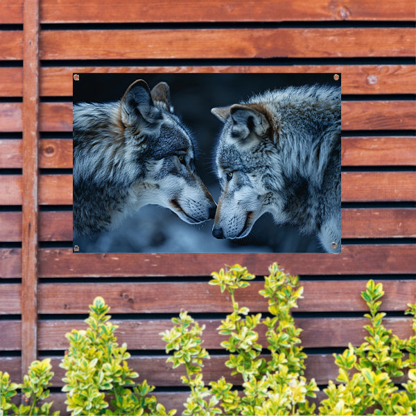 Twee wolven in een donkere omgeving tuinposter