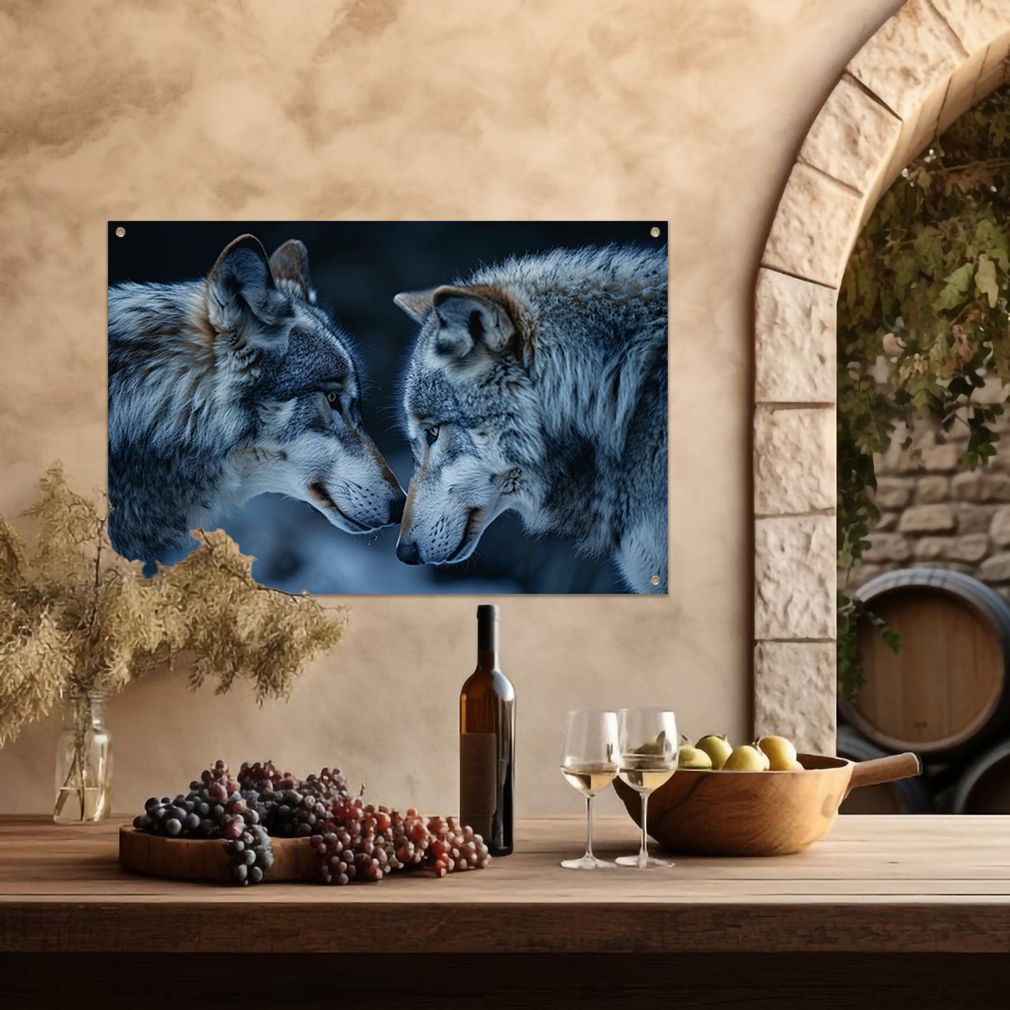 Twee wolven in een donkere omgeving tuinposter