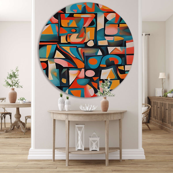 Kleurrijke abstracte kubistische patronen aluminium muurcirkel