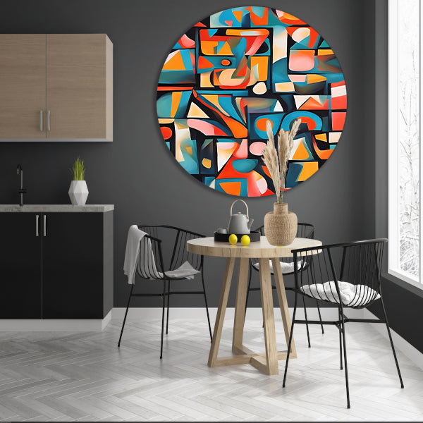 Kleurrijke abstracte kubistische patronen aluminium muurcirkel