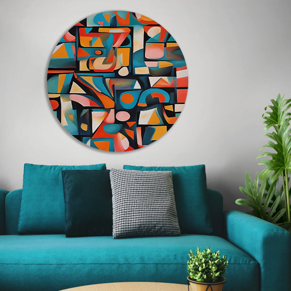 Kleurrijke abstracte kubistische patronen aluminium muurcirkel
