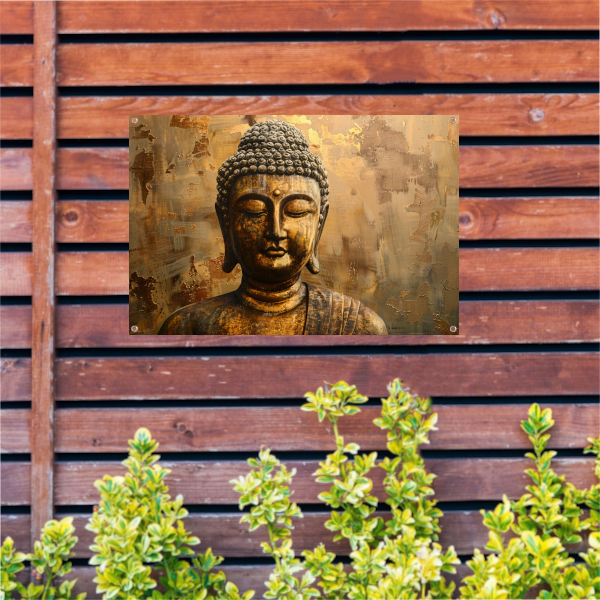 Boeddha in gouden gloed met rustieke achtergrond tuinposter