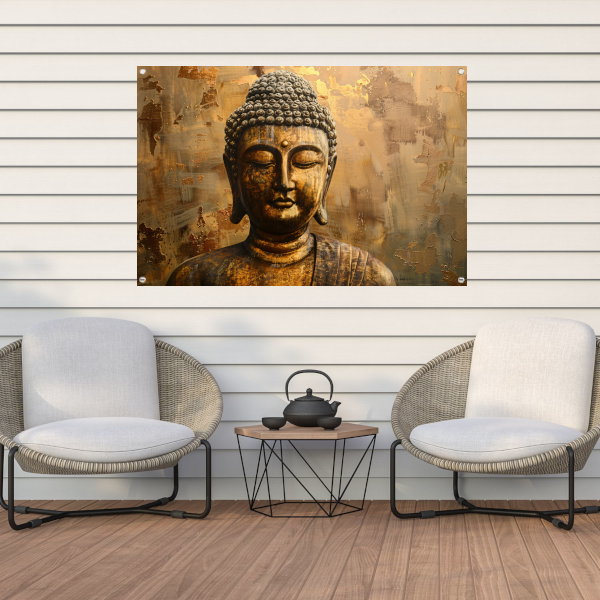 Boeddha in gouden gloed met rustieke achtergrond tuinposter