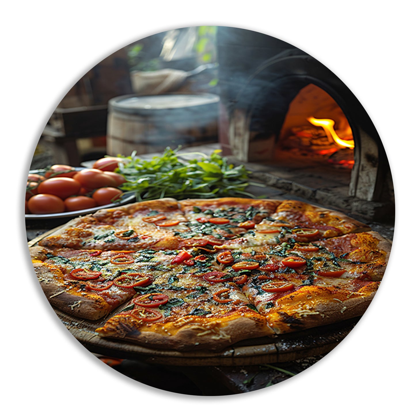 Verse pizza uit de houtoven met tomaten aluminium muurcirkel