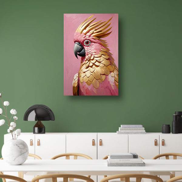 Roze en gouden papegaai op art nouveau canvas met baklijst