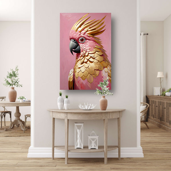 Roze en gouden papegaai op art nouveau canvas met baklijst
