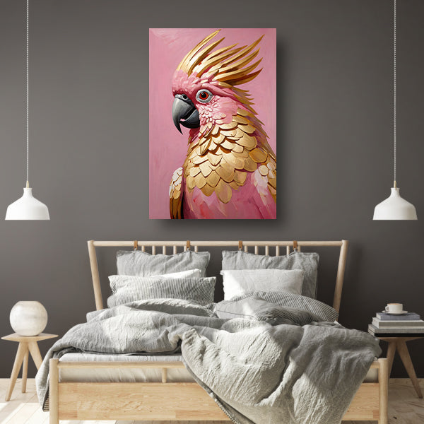 Roze en gouden papegaai op art nouveau canvas met baklijst