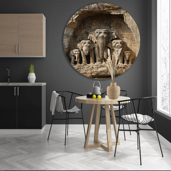 Groep olifanten in artistieke rotsholte aluminium muurcirkel