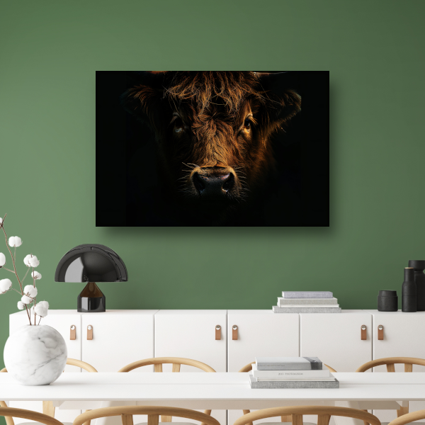 Schotse hooglander in duister lichtspel canvas met baklijst