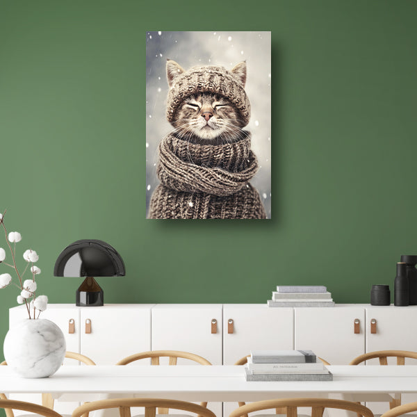 Kat met Sjaal en Muts in Sneeuw acrylglas