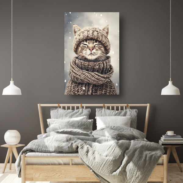 Kat met Sjaal en Muts in Sneeuw acrylglas