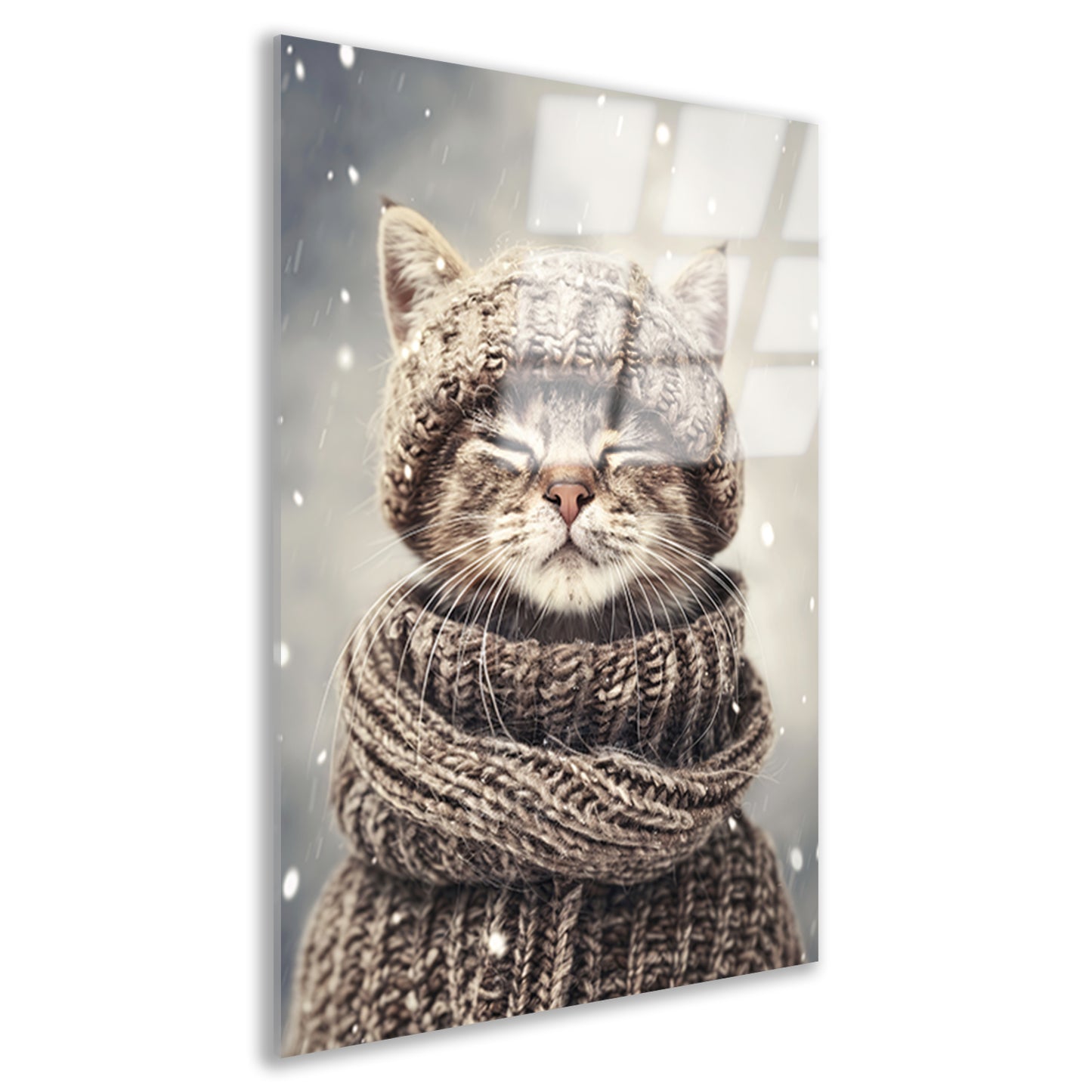 Kat met Sjaal en Muts in Sneeuw acrylglas