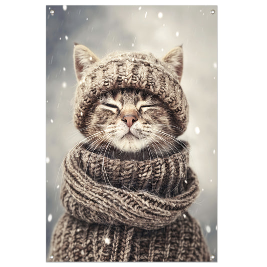 Kat met Sjaal en Muts in Sneeuw tuinposter