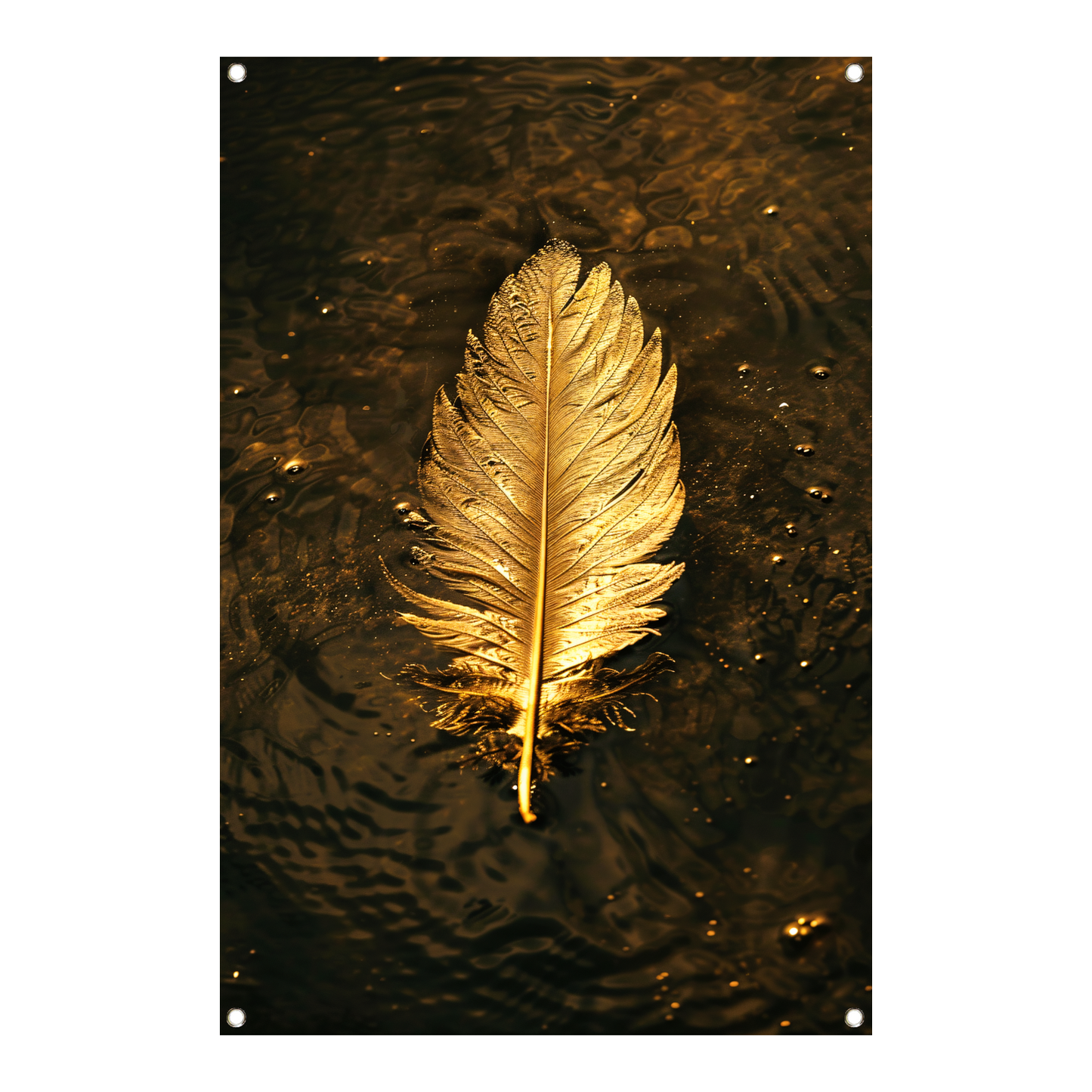 Gouden veer zwevend op donker water tuinposter