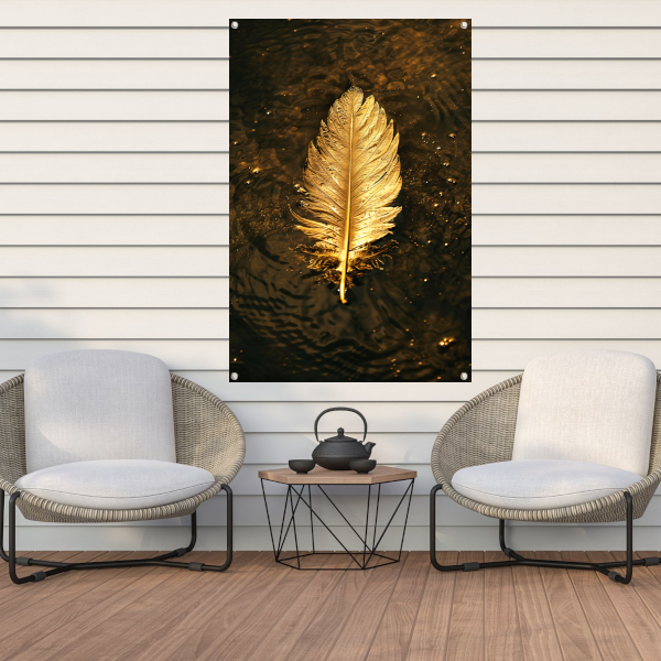 Gouden veer zwevend op donker water tuinposter