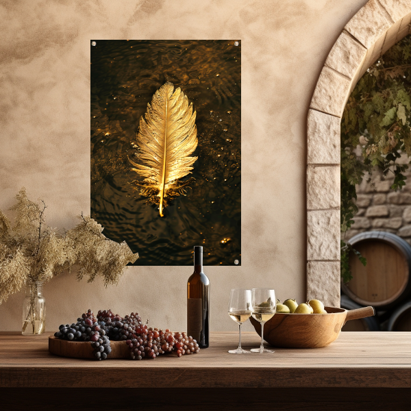 Gouden veer zwevend op donker water tuinposter