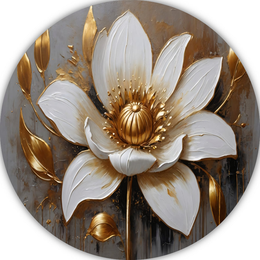 Elegante Witte Bloem met Gouden Accenten aluminium muurcirkel