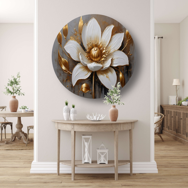 Elegante Witte Bloem met Gouden Accenten aluminium muurcirkel