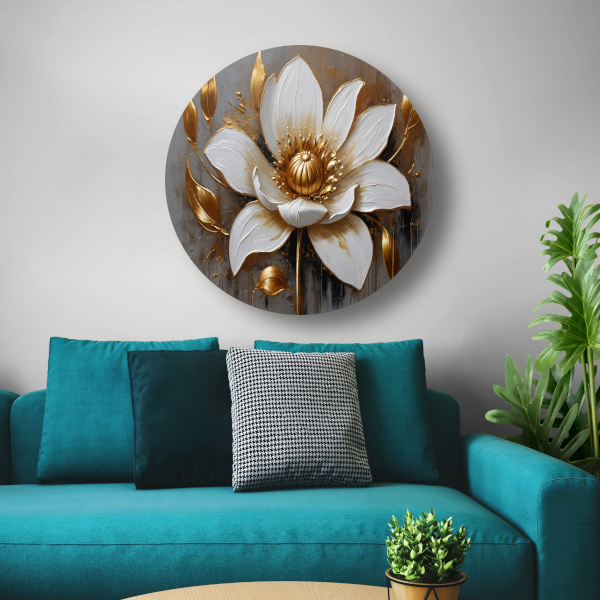 Elegante Witte Bloem met Gouden Accenten aluminium muurcirkel