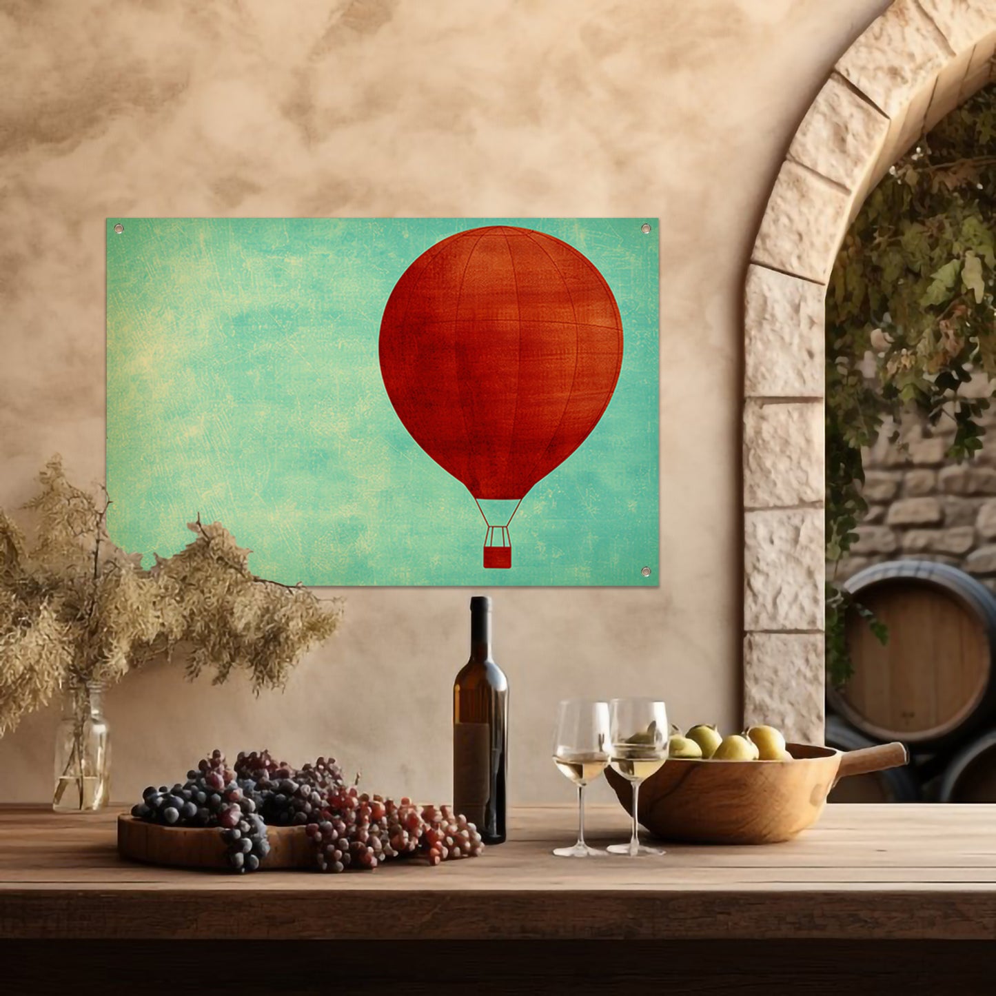 Minimalistische luchtballon tegen een gekleurde achtergrond tuinposter