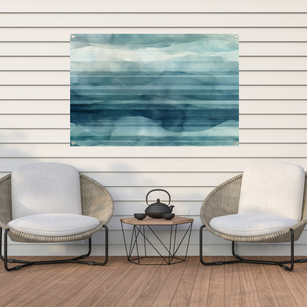 Aquarel landschap met blauwe lucht en witte wolken tuinposter