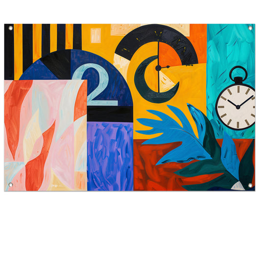 Kleurrijk abstract schilderij met klokken en bladeren tuinposter