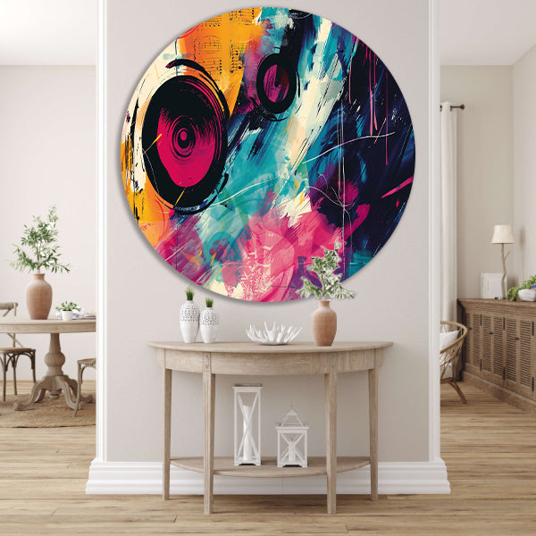 Abstracte kleurrijke compositie met muzikale elementen aluminium muurcirkel