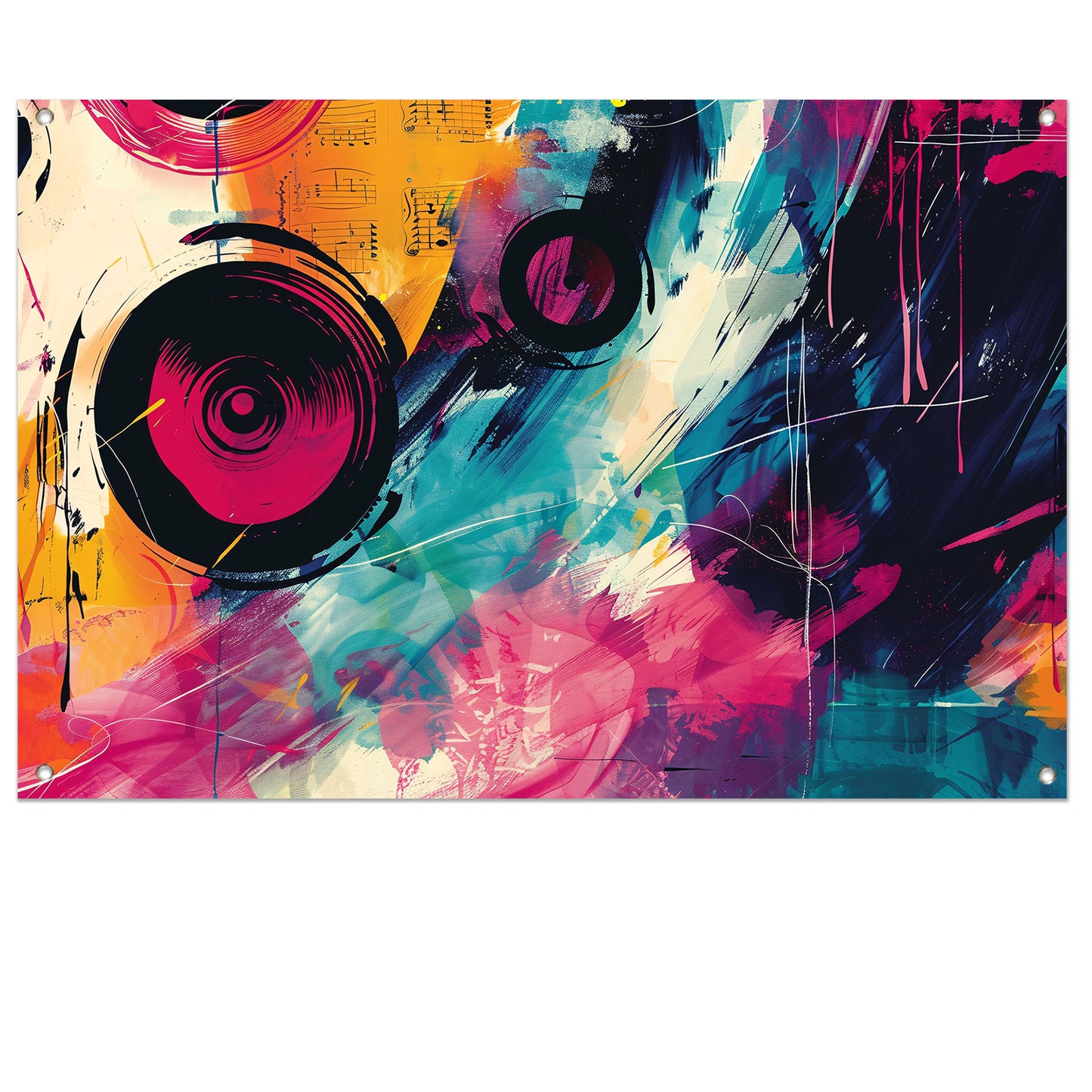 Abstracte kleurrijke compositie met muzikale elementen tuinposter