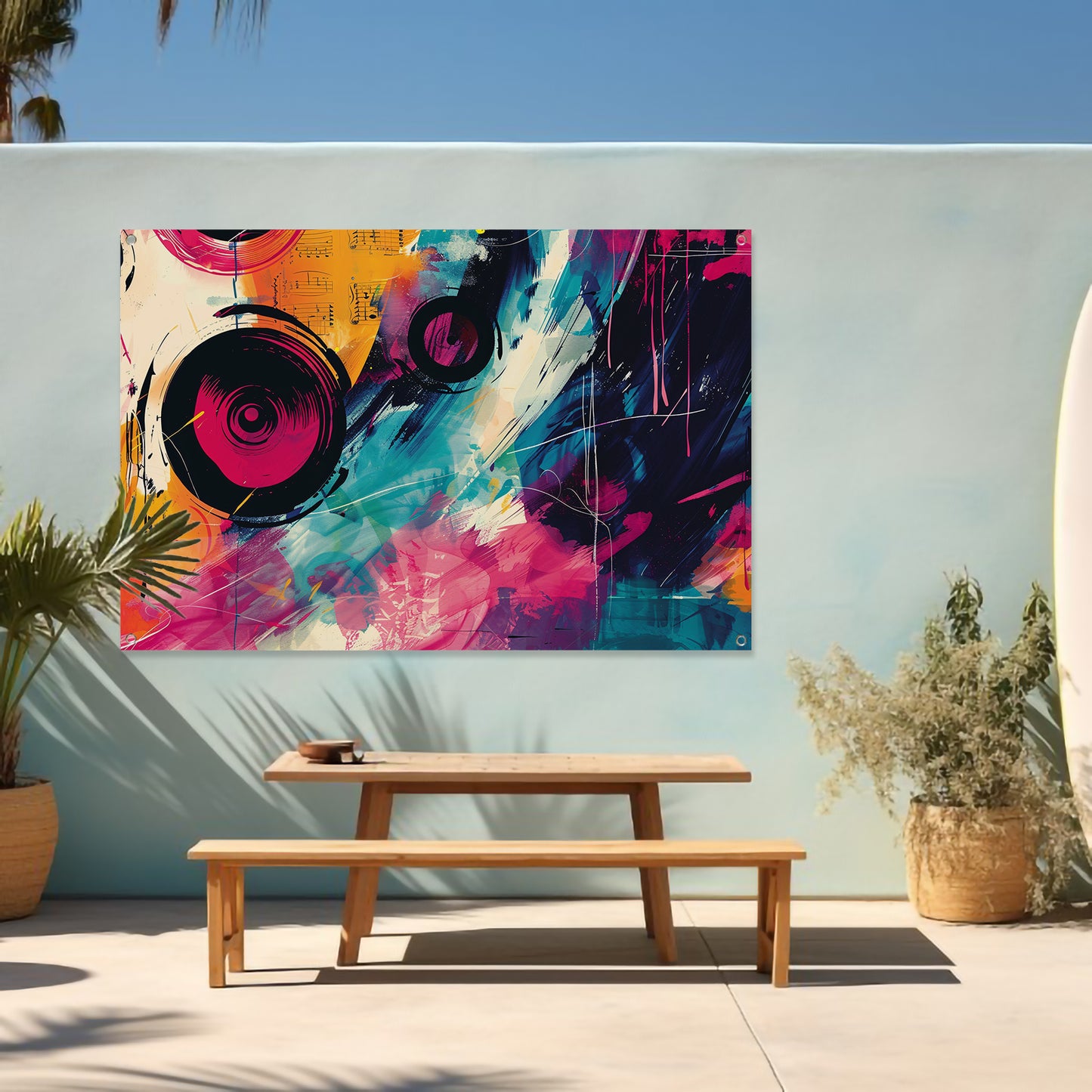 Abstracte kleurrijke compositie met muzikale elementen tuinposter