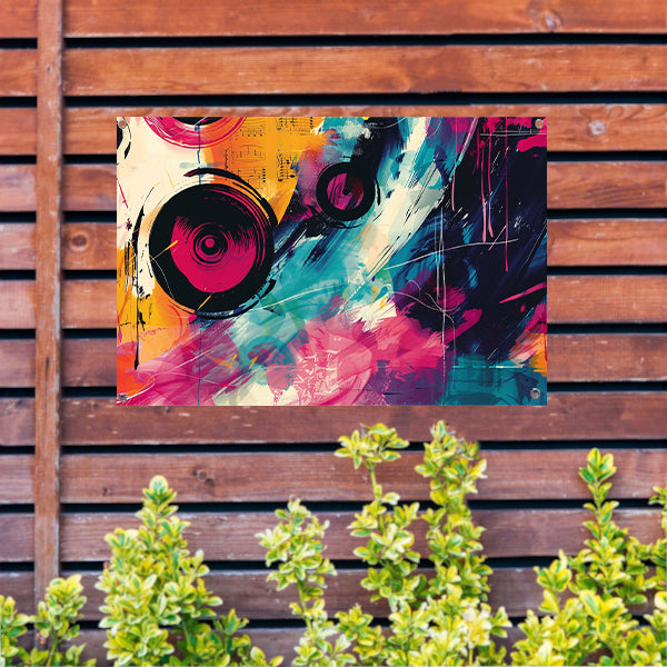 Abstracte kleurrijke compositie met muzikale elementen tuinposter