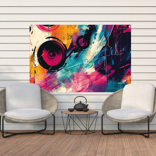 Abstracte kleurrijke compositie met muzikale elementen tuinposter