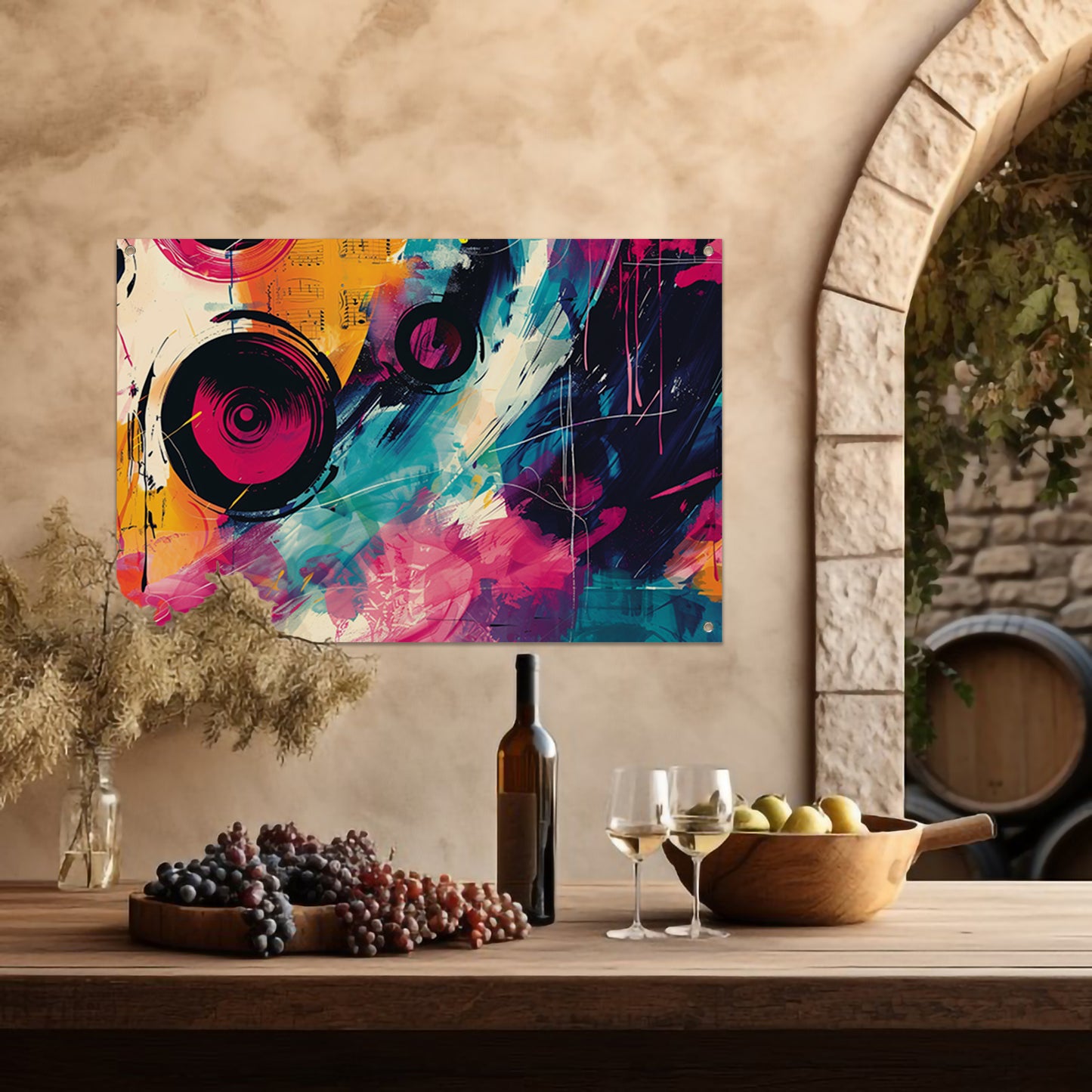 Abstracte kleurrijke compositie met muzikale elementen tuinposter