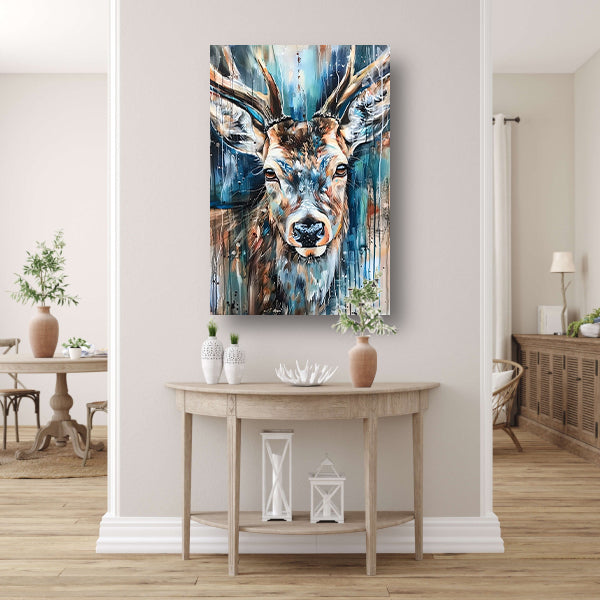 Kleurrijk abstract schilderij van een hert canvas met baklijst