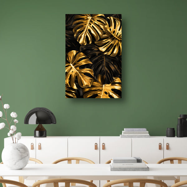 Luxe Gouden Monstera Bladeren op Zwart canvas