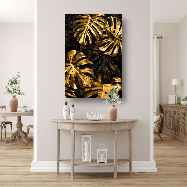 Luxe Gouden Monstera Bladeren op Zwart canvas