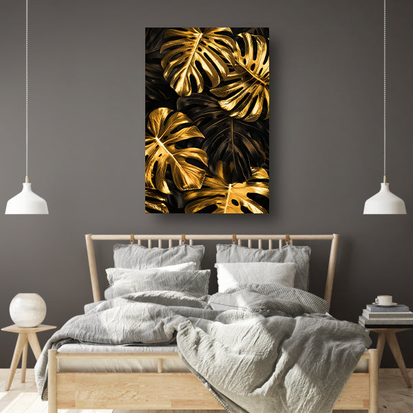 Luxe Gouden Monstera Bladeren op Zwart canvas