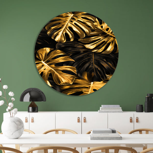 Luxe Gouden Monstera Bladeren op Zwart forex muurcirkel