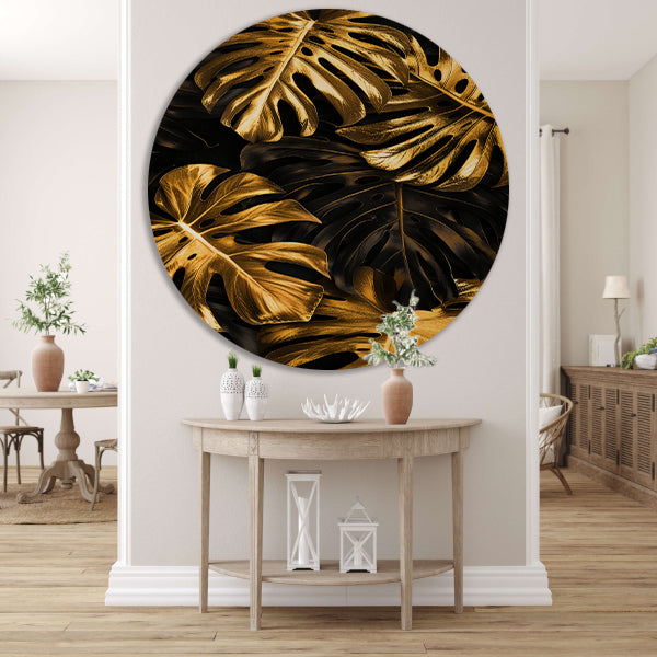 Luxe Gouden Monstera Bladeren op Zwart forex muurcirkel