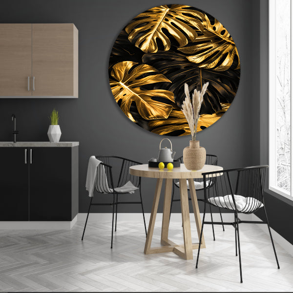 Luxe Gouden Monstera Bladeren op Zwart forex muurcirkel