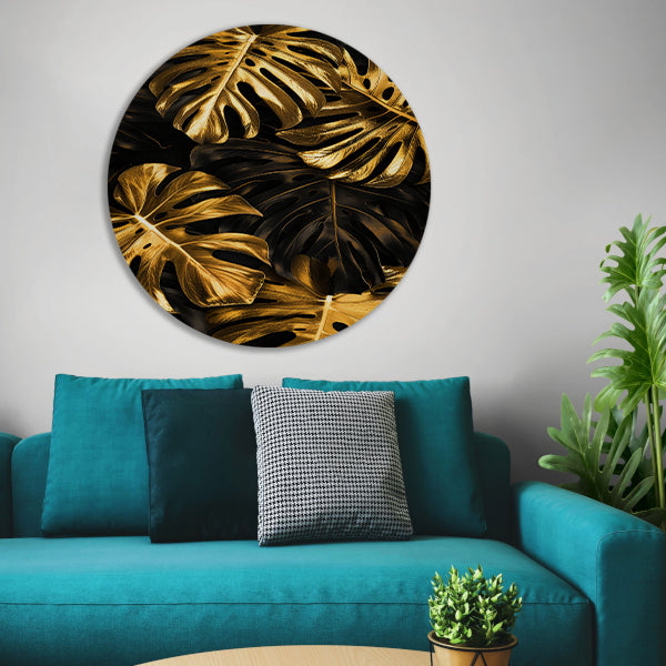 Luxe Gouden Monstera Bladeren op Zwart forex muurcirkel
