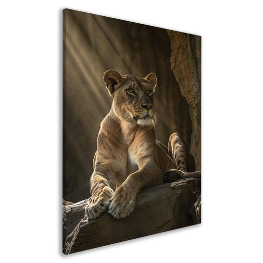 Portret van trotse leeuwin op rots canvas