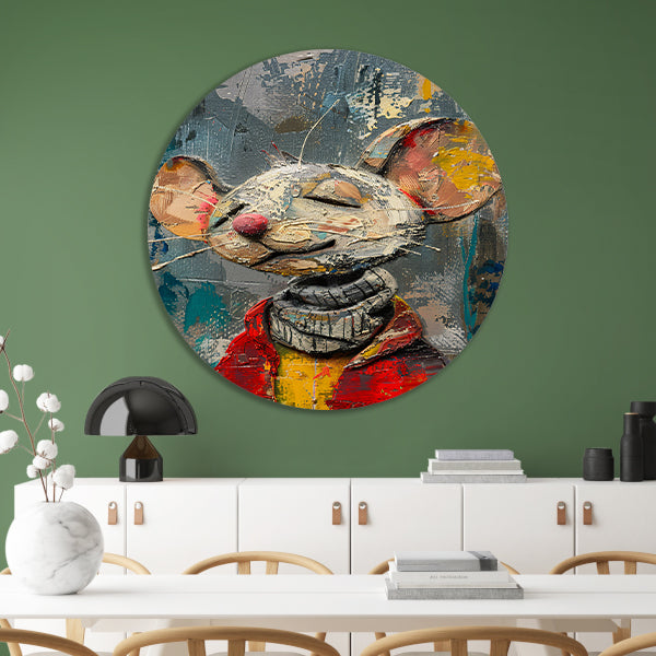 Schilderij van een gelukzalige muis in een rode trui aluminium muurcirkel
